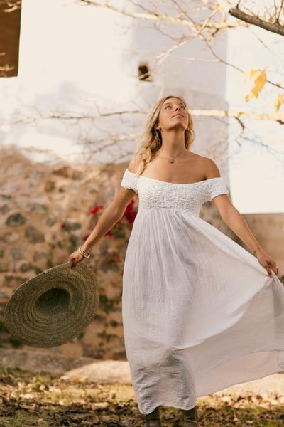 Globo , Sexy off shoulder one size , white boho wedding or beach dress handmade Adlib dress from Ibiza - AUROBELLE IBIZA