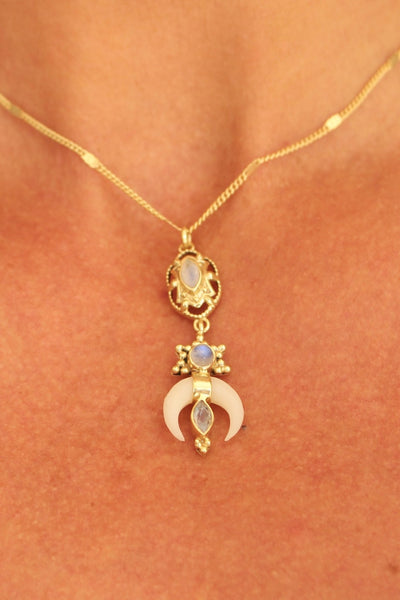 Heritage shiva horn and moon stone necklace - AUROBELLE IBIZA