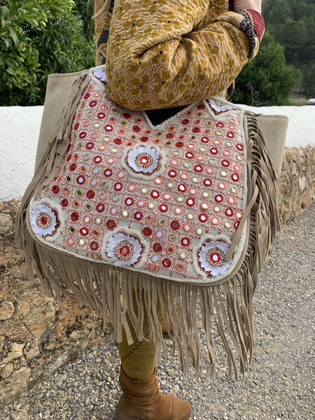 Ibiza bohemian suede leather banjara embroidery bag -  AUROBELLE  IBIZA