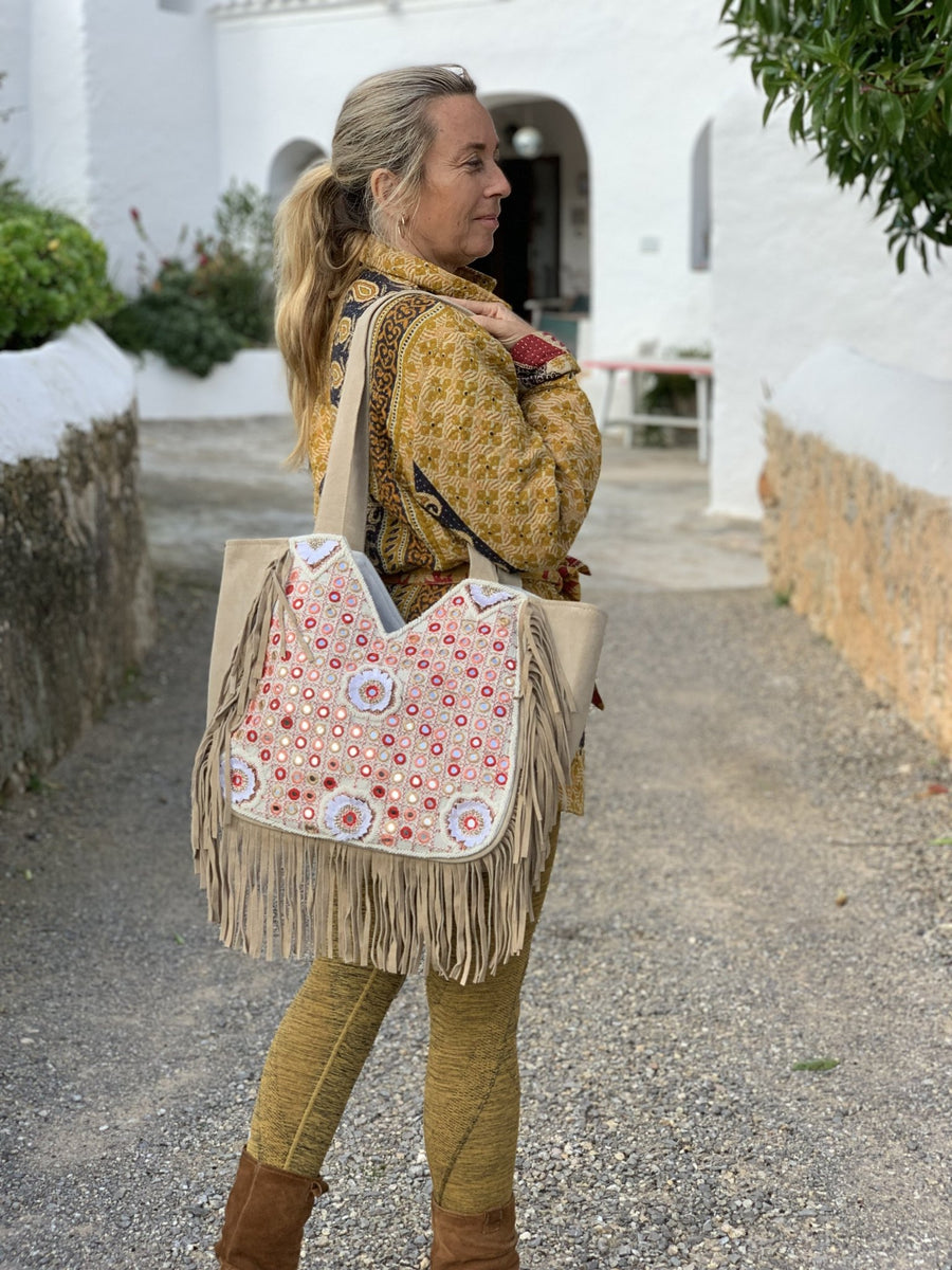 Ibiza bohemian suede leather banjara embroidery bag – AUROBELLE IBIZA