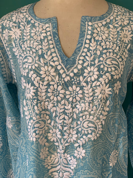 SILK KURTA  BLUE  WITH WHITE HAND EMBROIDERY -  AUROBELLE  IBIZA