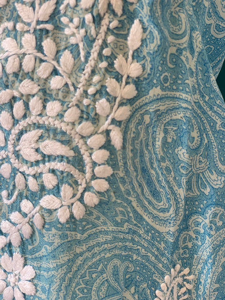 SILK KURTA  BLUE  WITH WHITE HAND EMBROIDERY -  AUROBELLE  IBIZA
