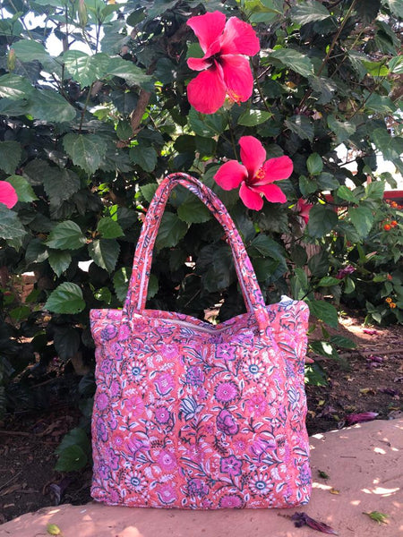 Quilted boho beach bags - block print pink