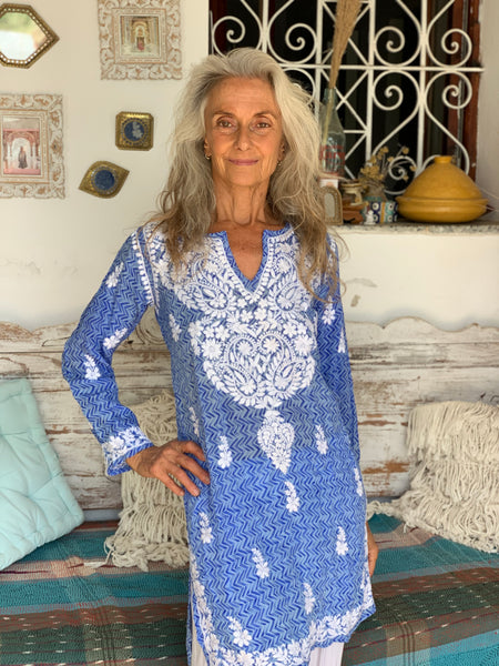Silk  kurta in ocean blue zigzag