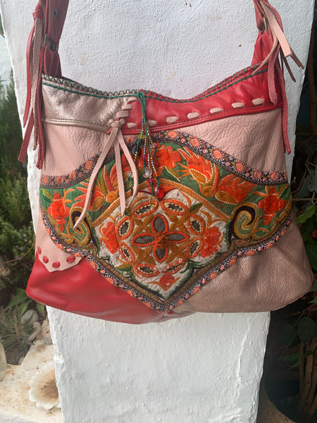 Unique bohemian antique leather and Hmong embroidery bag 1