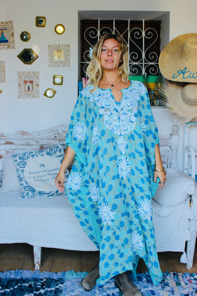 Silk kaftan   Colour blue turquoise with hand embroidery plus-size