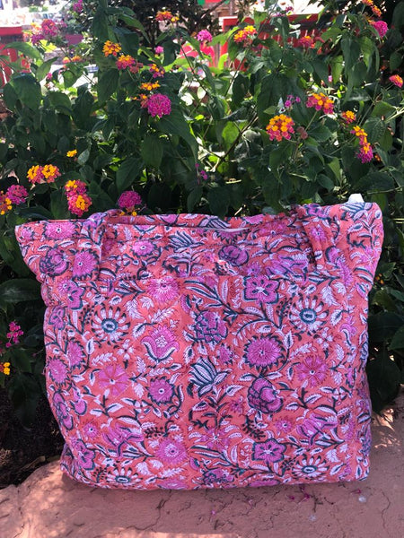 Quilted boho beach bags - block print pink