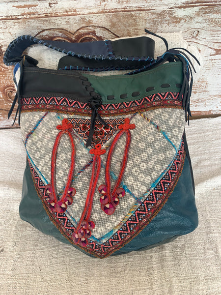Unique bohemian antique leather and Hmong textiles bag embroidery bag no 3