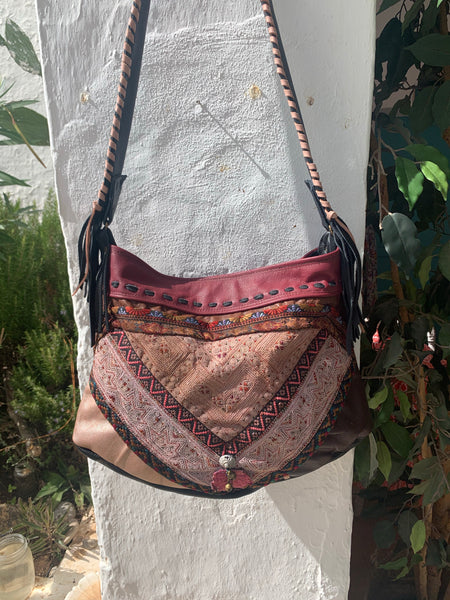 Unique bohemian antique leather and Hmong embroidery bag no4