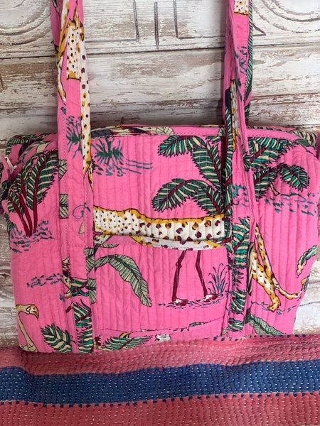 Quilted boho week end bags - block print pink