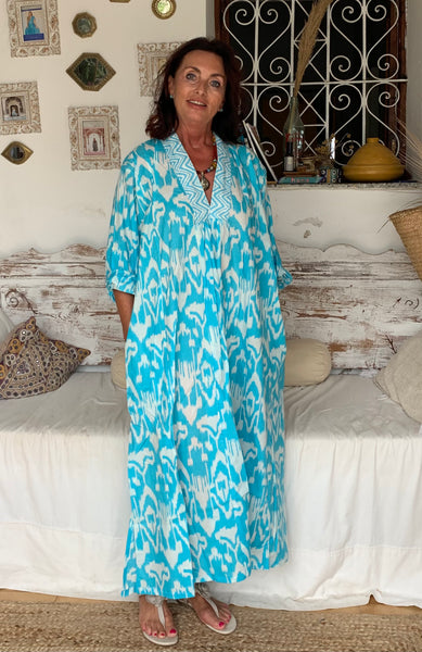 Ikat turquoise and white , boho beautiful long Tunicas – AUROBELLE IBIZA