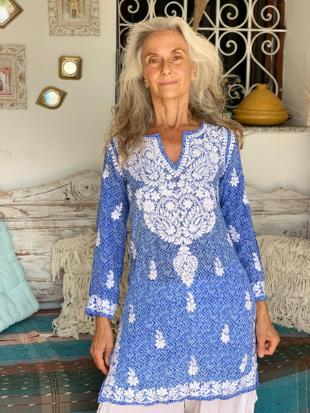 Silk  kurta in ocean blue zigzag