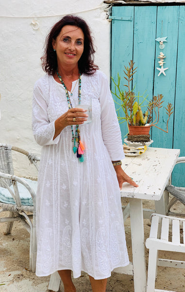 Anarkali white Ibiza boho chic  long cotton dress with hand embroidery, white kundalini  yoga dress , White Ibiza dress