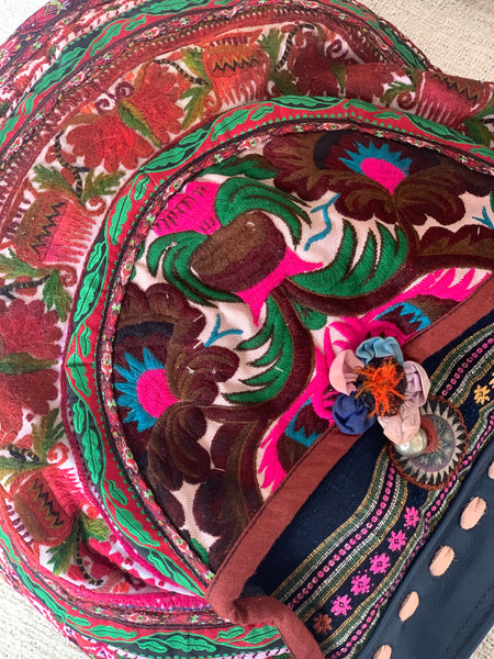 Unique bohemian antique leather and Hmong embroidery bag 6