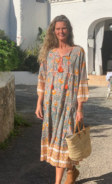 Banjara boho dress flower green with orange tassel