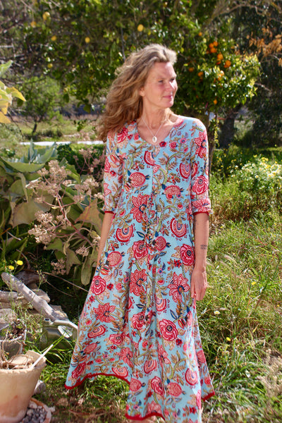 Angel  boho turquoise floral maxi long dress in Sunflower white hand block print