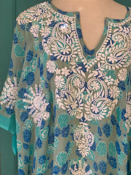 Silk kaftan   Colour blue turquoise with hand embroidery plus-size