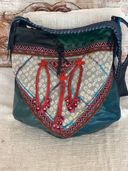 Unique bohemian antique leather and Hmong textiles bag embroidery bag no 3