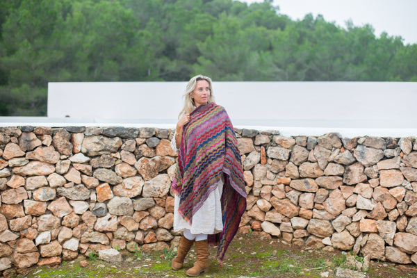 Cosy merino wool shawl in multi color abstract design