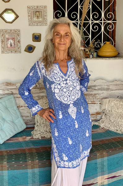 Silk  kurta in ocean blue zigzag