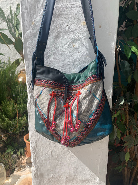 Unique bohemian antique leather and Hmong textiles bag embroidery bag no 3