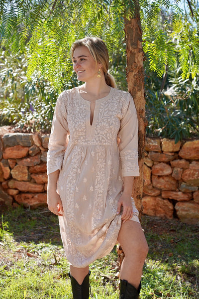 Anarkali in beige  Ibiza boho chic  long cotton dress with hand embroidery, white kundalini  yoga dress , White Ibiza dress