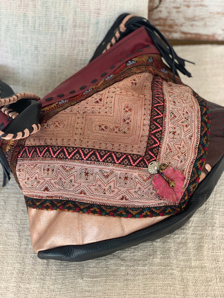 Unique bohemian antique leather and Hmong embroidery bag no4