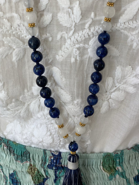 Lapis lazula gemstone Mala  indigo blue beads  , silver beads and silk tassle -  AUROBELLE  IBIZA