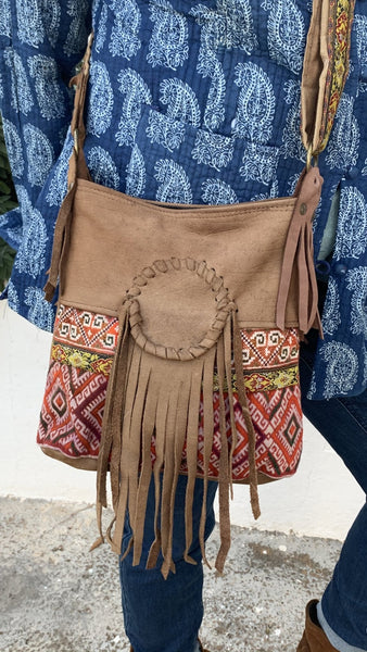 Leather boho bag made with antique fabrics - AUROBELLE IBIZA