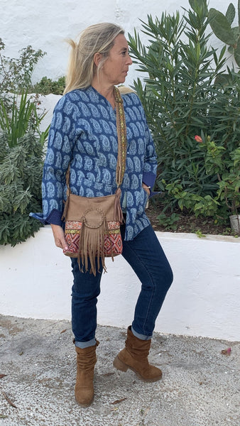 Leather boho bag made with antique fabrics - AUROBELLE IBIZA