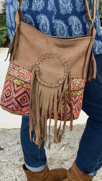 Leather boho bag made with antique fabrics - AUROBELLE IBIZA