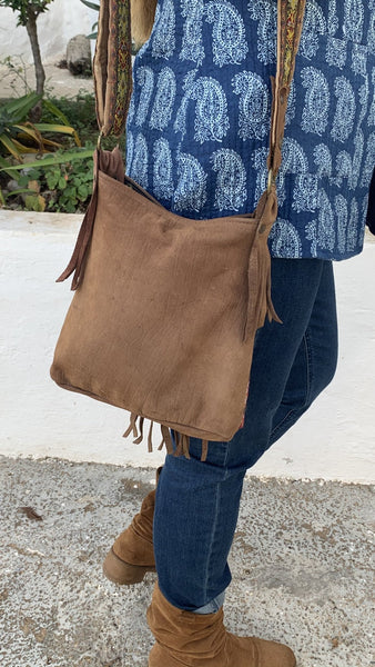 Leather boho bag made with antique fabrics - AUROBELLE IBIZA