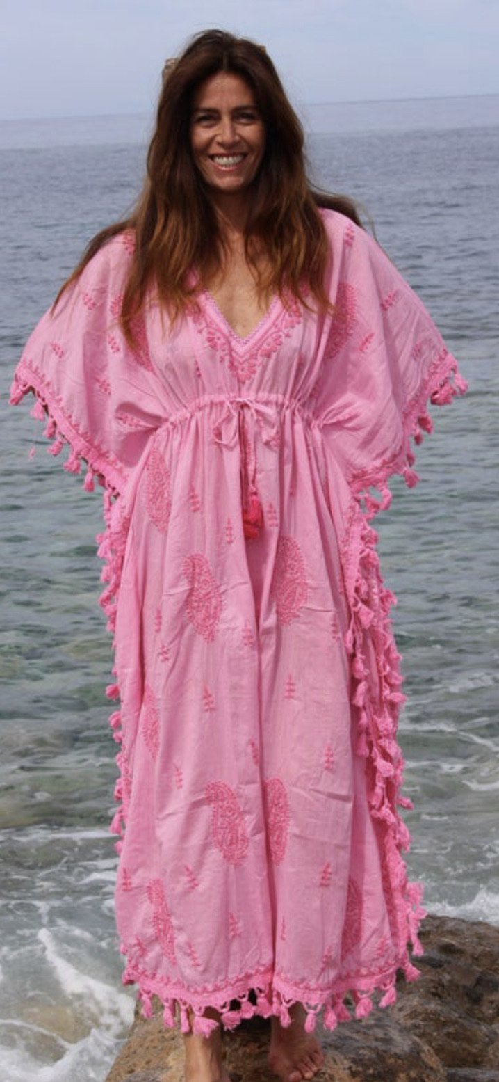 Light pink Ibiza maxi kaftan with hand embroidery – AUROBELLE IBIZA