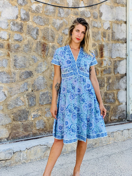 Lisboa dress a classic beauty light blue hand blockprint – AUROBELLE IBIZA