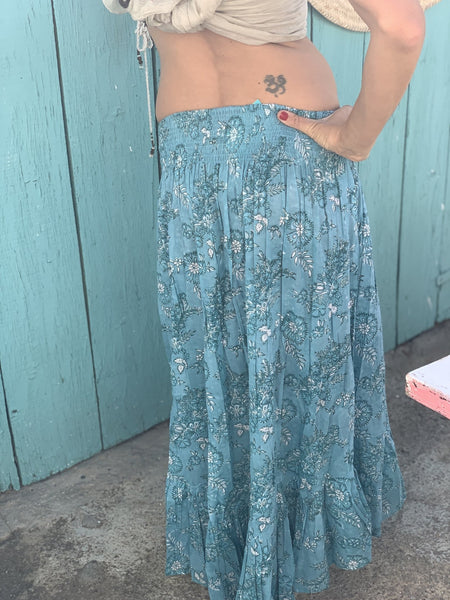 Lorenza skirt blockprint in turquoise -  AUROBELLE  IBIZA