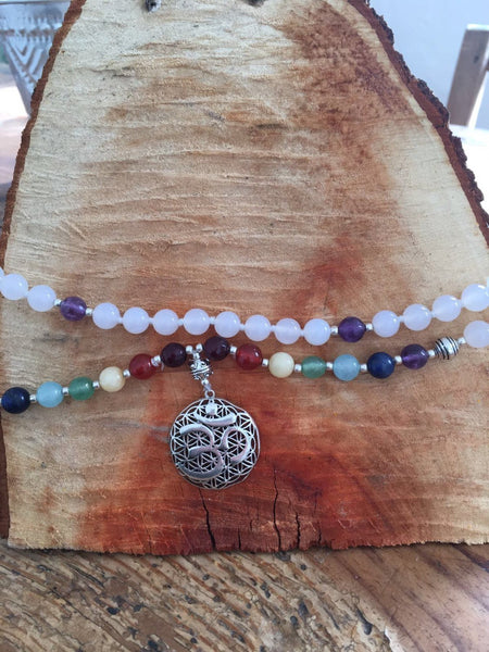Mala from the Himalayas with loving moonstone , chakra colours gemstone and silver shiva om pendant -  AUROBELLE  IBIZA