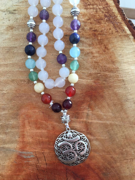 Mala from the Himalayas with loving moonstone , chakra colours gemstone and silver shiva om pendant -  AUROBELLE  IBIZA