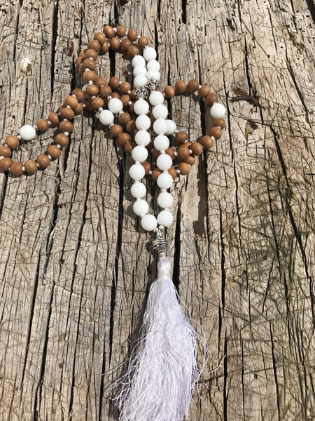 Mala from the Himalayas with real white moon stone semi precious gemstone and the sandel wood beads  , silver beads and silk tassle -  AUROBELLE  IBIZA
