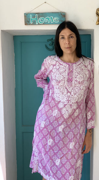 Maxi kurta muslin cotton in beautiful Lila with hand embroidery -  AUROBELLE  IBIZA