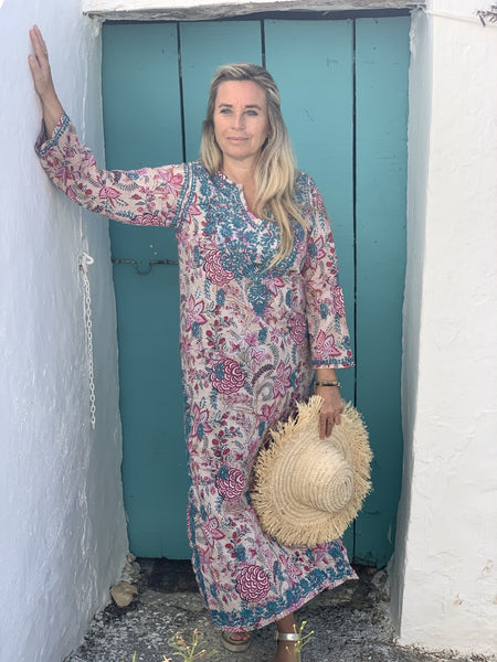 Maxi kurta muslin cotton turquoise hand block printing -  AUROBELLE  IBIZA