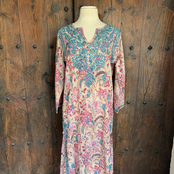 Maxi kurta muslin cotton turquoise hand block printing -  AUROBELLE  IBIZA