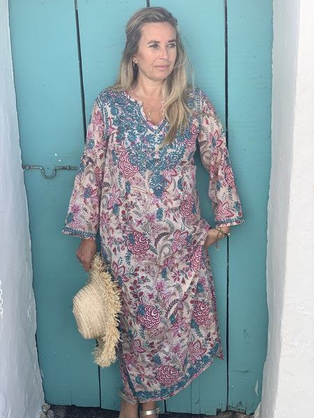 Maxi kurta muslin cotton turquoise hand block printing -  AUROBELLE  IBIZA