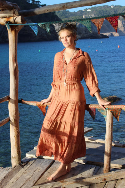 Om namah shivaya Geo dress in salmon orange - AUROBELLE IBIZA