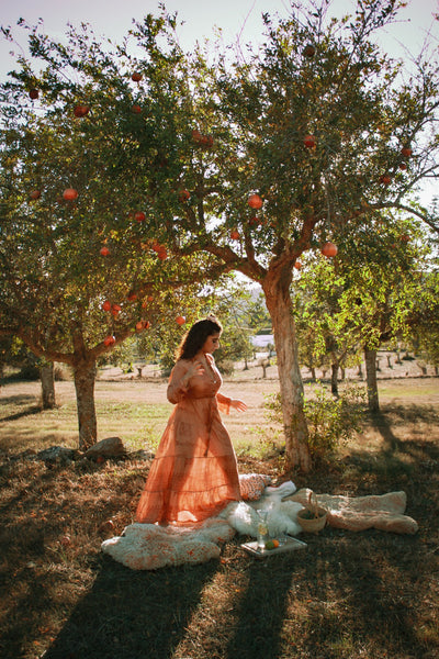 Om namah shivaya Geo dress in salmon orange - AUROBELLE IBIZA