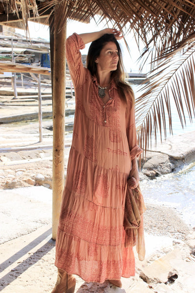 Om namah shivaya Geo dress in salmon orange - AUROBELLE IBIZA