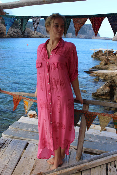 Om namah shivaya maxi shirt dress in hot pink - AUROBELLE IBIZA