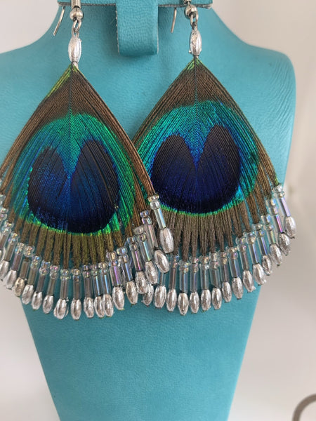Peakok feather Boho beads fringe earrings -  AUROBELLE  IBIZA