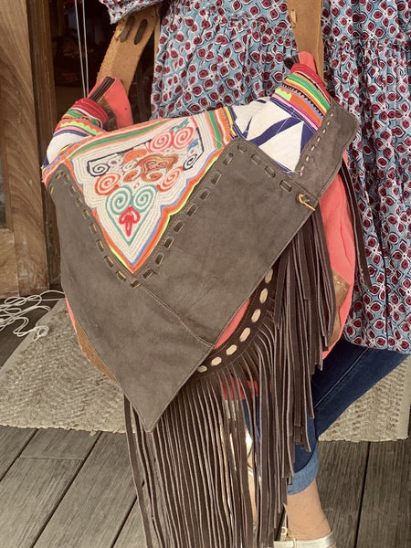 Pink fringes leather   boho bag made with antique fabrics -  AUROBELLE  IBIZA