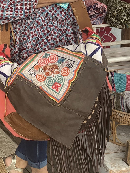 Pink fringes leather   boho bag made with antique fabrics -  AUROBELLE  IBIZA