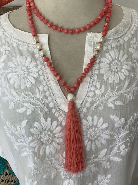 Rhodochrosite pink gemstone Mala beads  , silver beads and silk tassle -  AUROBELLE  IBIZA